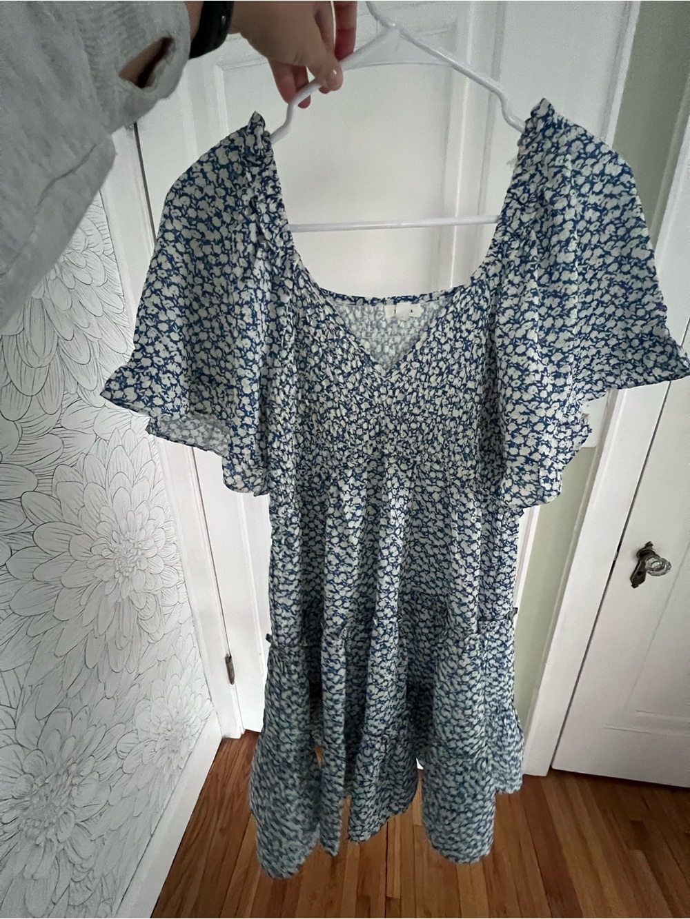 Blue Floral V-Neck Tiered Summer Dress